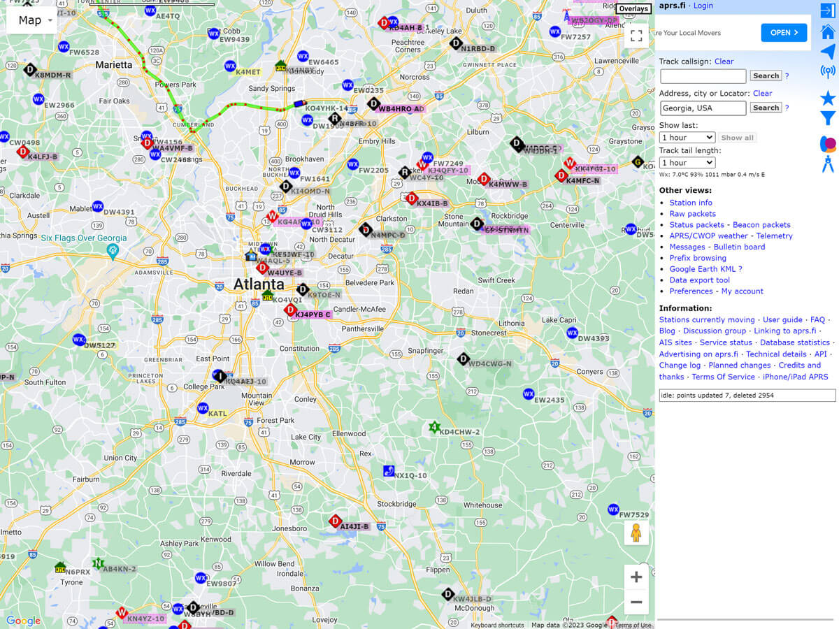 This map shows many APRS stations in Metro-Atlanta. APRS gateways are red and black diamonds. You also see weather stations, and a vehicle being tracked. Try and find KO4YHK-14. The green line will guide you.