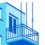 A balcony setup featuring vertical antennas for HF radio operations in an apartment