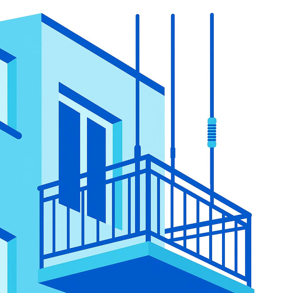 A balcony setup featuring vertical antennas for HF radio operations in an apartment