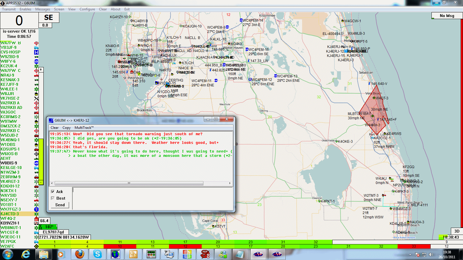 This APRSIS32 software window shows packets received around Central Florida. It also shows an ongoing message session.